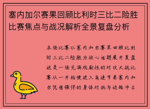 塞内加尔赛果回顾比利时三比二险胜比赛焦点与战况解析全景复盘分析