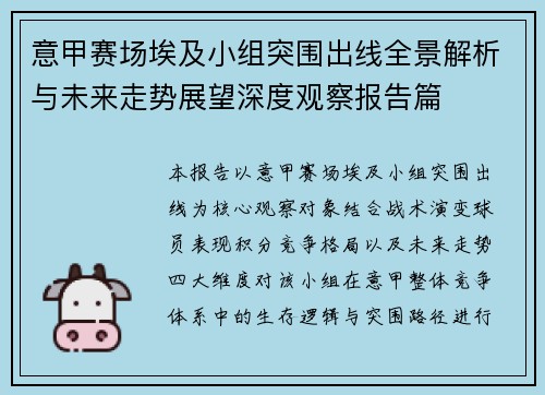 意甲赛场埃及小组突围出线全景解析与未来走势展望深度观察报告篇